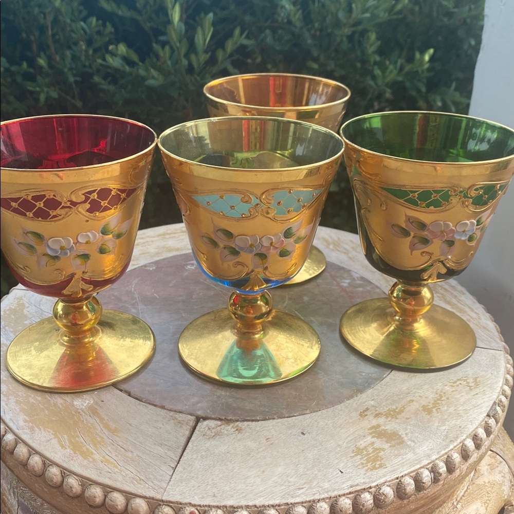 Vintage 4 Bohemian Moser Style Green Glass Heavy Gold Painted Flowers handmade5”